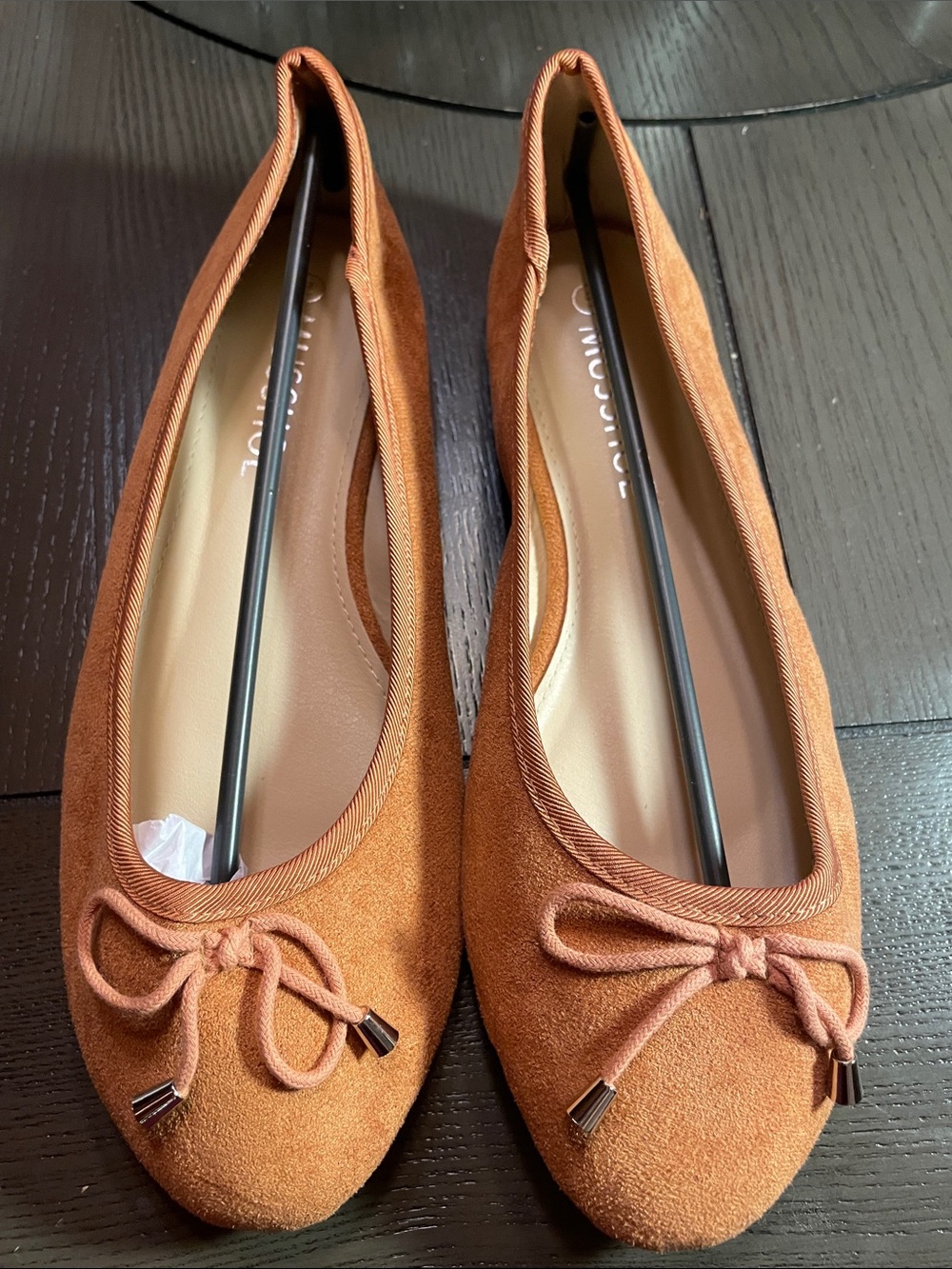 Women's Suede Ballet Flats in Rust with Decorative Bow